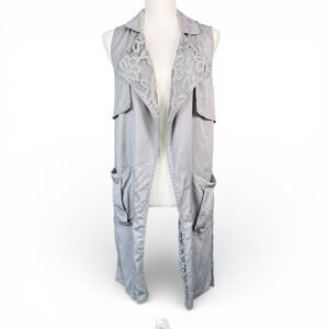 Candies Duster Vest Grey Lyocell Lace Trim Longline Y2K Women's XS Sleeveless